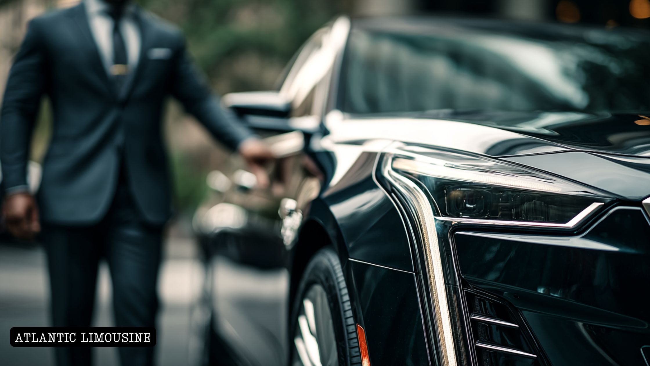 Luxury chauffeured limo arriving at Atlanta event venue for VIP guests.