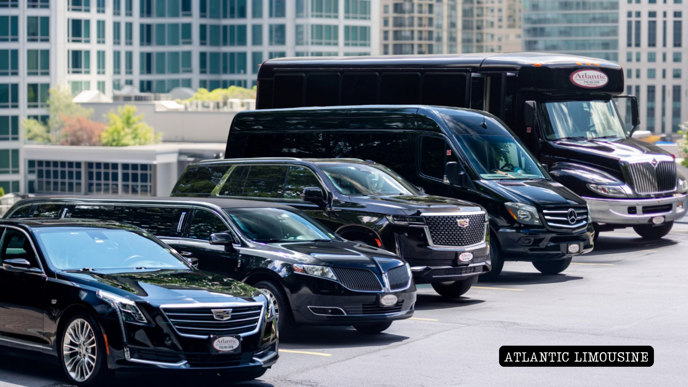 Luxury limousine fleet in Atlanta, featuring modern sedans, stretch limos, SUVs, and professional chauffeurs parked in a cityscape.