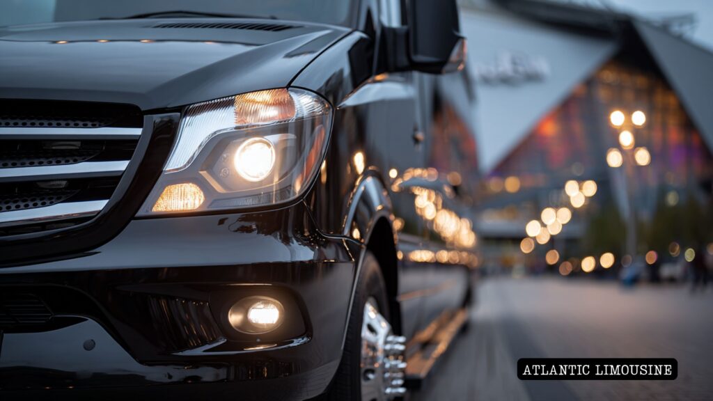 Luxury black van departing from Mercedes-Benz Stadium with a professional chauffeur driving sports fans home after a big Atlanta game.