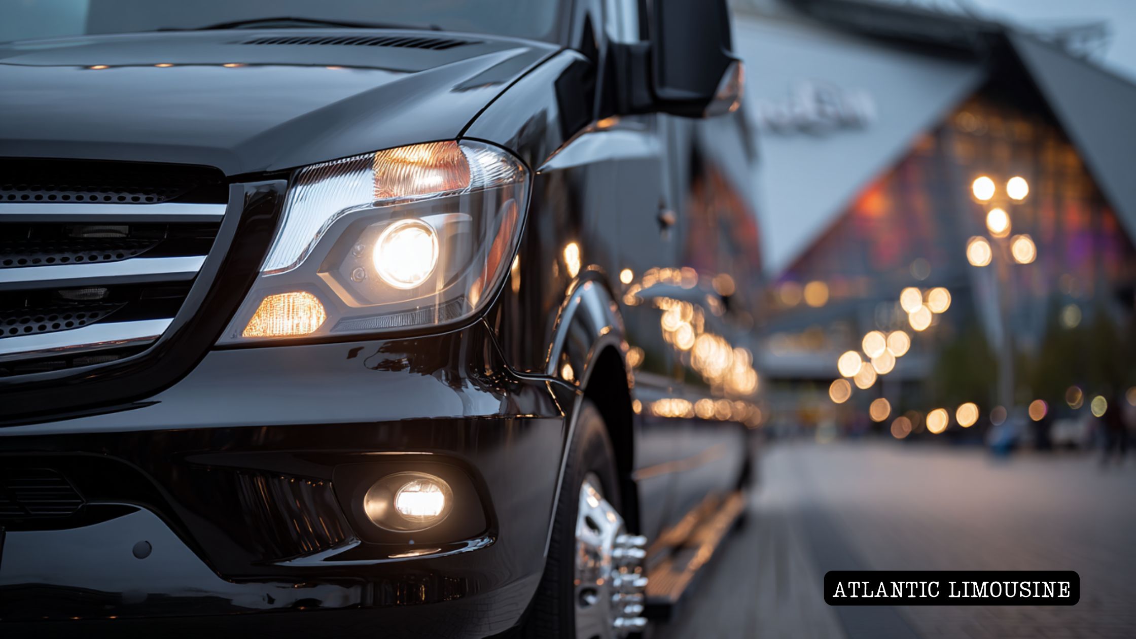 Luxury black van departing from Mercedes-Benz Stadium with a professional chauffeur driving sports fans home after a big Atlanta game.