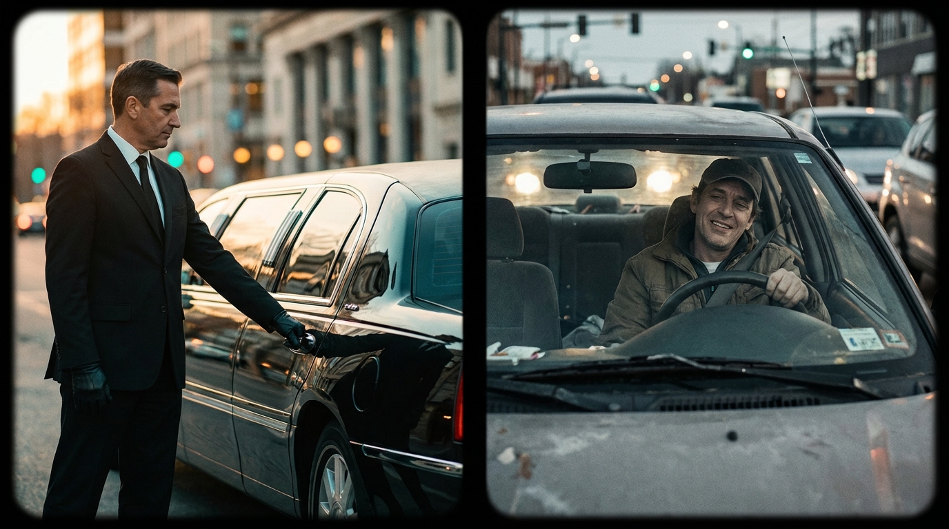 Professional chauffeur in a black suit opening the door of a luxury sedan for a passenger, contrasted with a casually dressed rideshare driver sitting in a standard car.