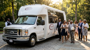 Group of wedding guests boarding a white wedding shuttle bus at an Atlanta venue.