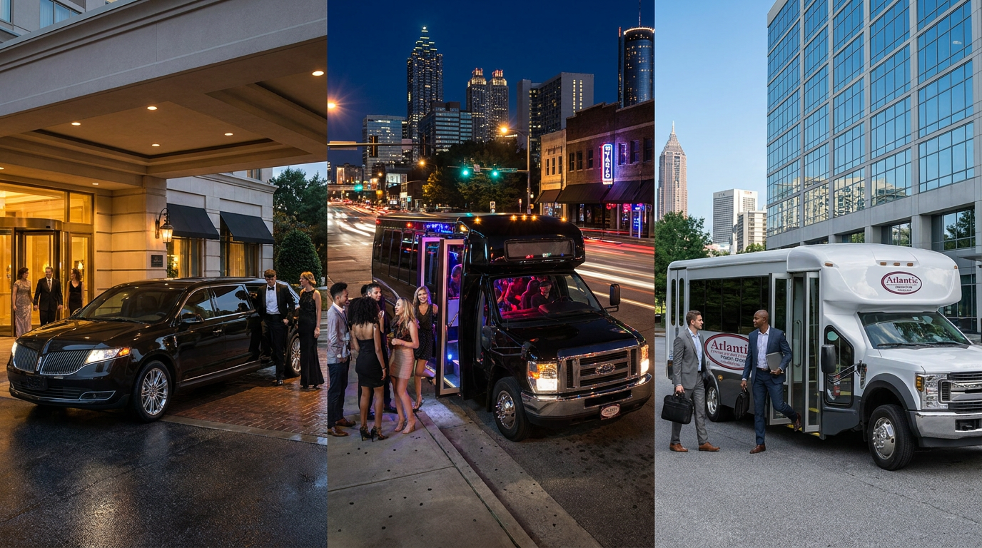 Luxury limo, party bus, and executive shuttle shown in different event scenarios for Atlanta group transportation.