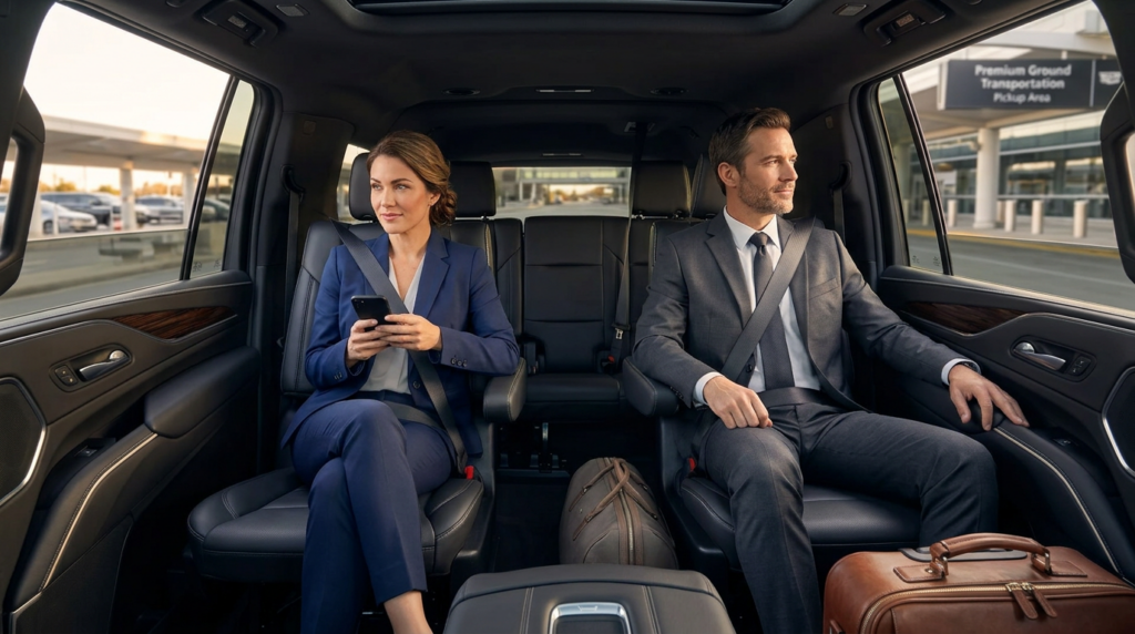 Two well‑dressed executives relaxing in the backseat of a black car service vehicle at Atlanta airport, enjoying a comfortable ride.